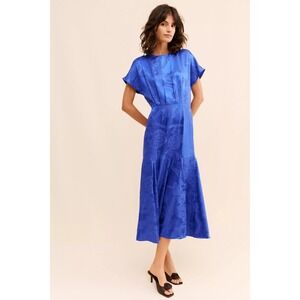 Never Fully Dressed Blue Jacquard Satin Midi Dress Flowy Short Sleeve US 8